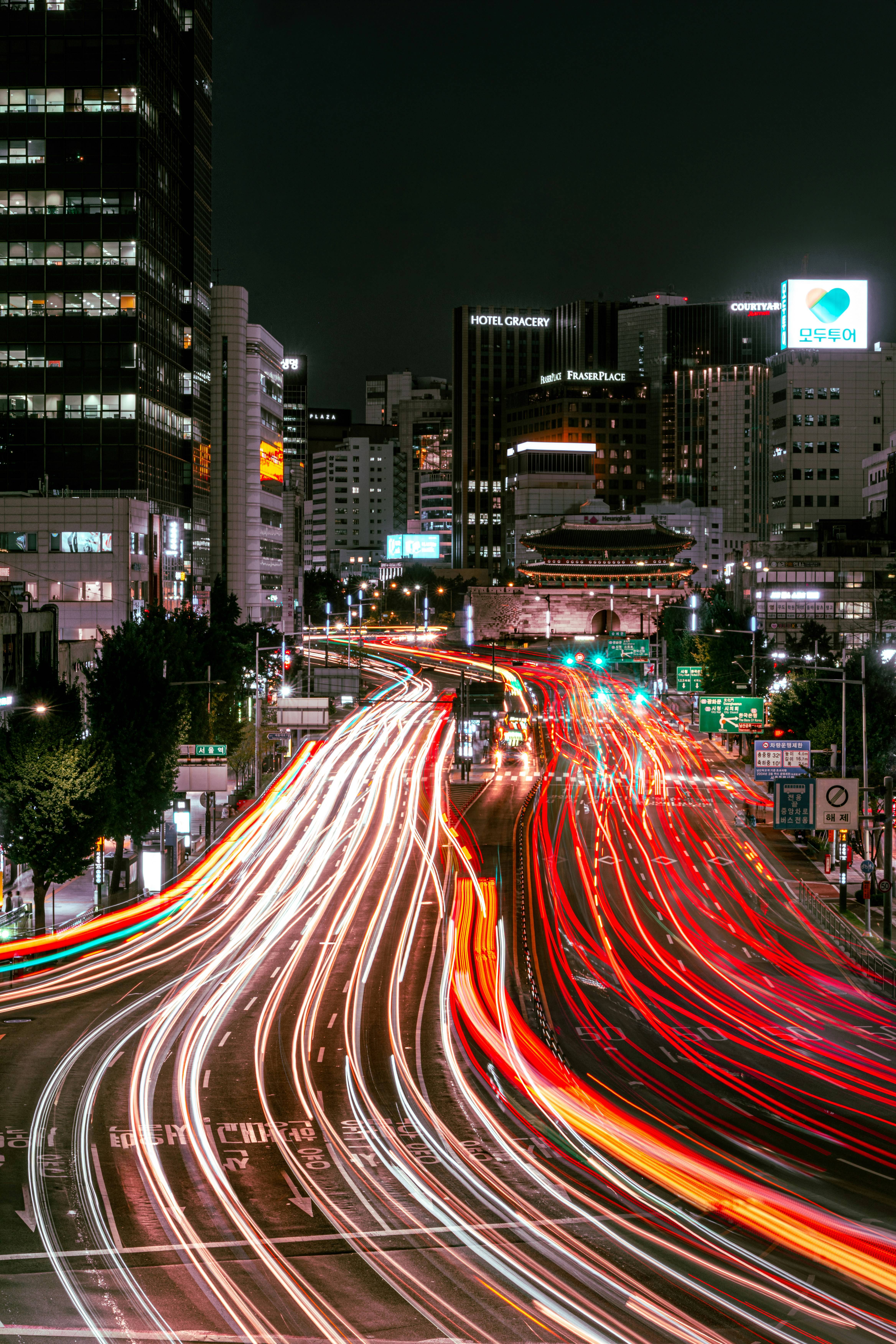 Seoul city street traffic light trails at night